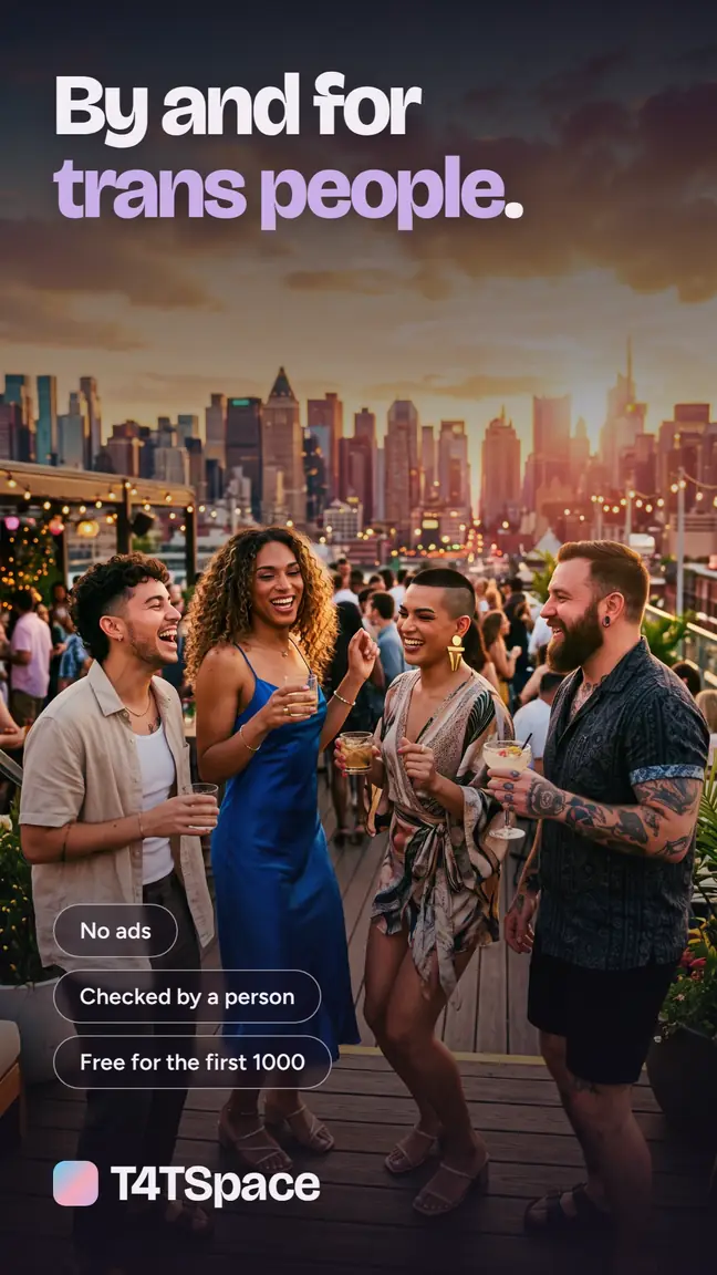 By and for trans people. No ads. Checked by a person. Free for the first 1000. Four people laughing together on a rooftop at sunset.
