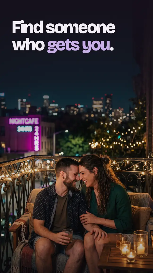 Find someone who gets you. Two people forehead to forehead on a balcony in the evening.