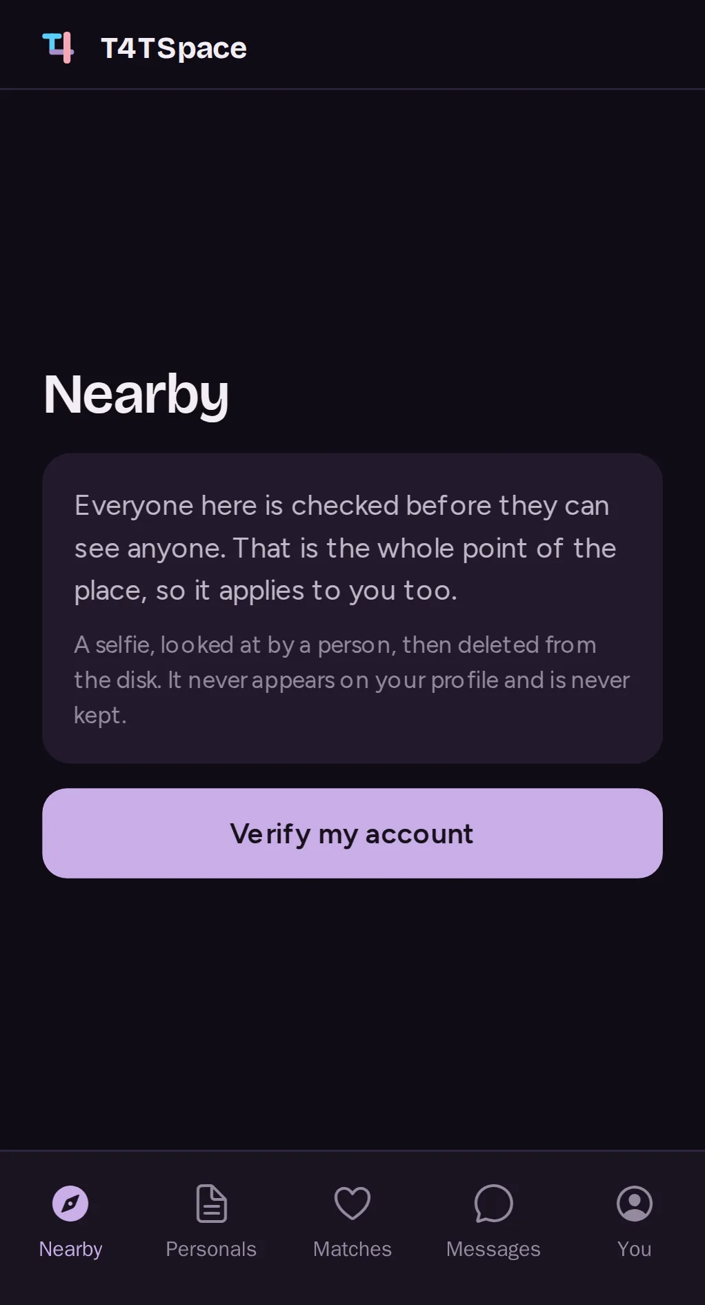 The Nearby screen of a new account: nobody is visible until a person has checked the account.